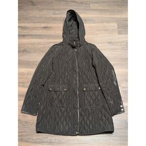 Lauren Ralph Lauren Black Quilted Hooded Barn Coat Jacket XL Faux Leather Trim